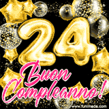 Animazione con palloncini dorati a forma del numero 24, circondati da decorazioni scintillanti e la scritta 'Buon Compleanno!' in caratteri rosa accattivanti.