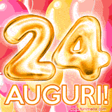 Bouquet animato di palloncini multicolori che emergono da una scatola regalo, con il numero 24 e la scritta 'Tanti Auguri!' su uno sfondo pieno di coriandoli.