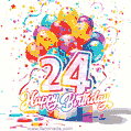 Animated star-shaped confetti, multicolor balloons, and a gift box in a joyful 24th birthday GIF