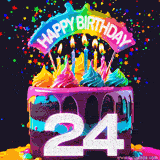 Chocolate cake with cyan layers, pink dressing and a big number 24 adorned with vibrant multicolored frosting, lit candles, and a rainbow topper with text that says 'Happy Birthday'. Animated colorful confetti move behind the cake.