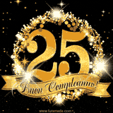 Il numero 25 è circondato da un anello dorato brillante, accompagnato da un nastro elegante con la scritta 'Buon Compleanno!' su uno sfondo scuro.