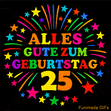 Animiertes GIF 'Alles Gute zum Geburtstag 25 mit bunten Buchstaben und leuchtenden Sternen