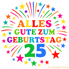 Bunte 'Alles Gute zum Geburtstag' Animation für den 25. Geburtstag mit Sternen und bunten Farben
