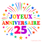 GIF animé joyeux anniversaire 25 ans avec étoiles multicolores et feu d’artifice