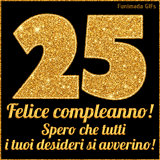 Un GIF animato per un 25° compleanno, Presenta il testo 'Buon Compleanno 25' su uno sfondo giallo vivo con palloncini colorati, festoni e una pioggia di coriandoli.