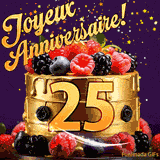 Une animation de célébration d'un gâteau de 25ème anniversaire, Des étoiles dorées tombent du ciel, mettant en valeur le texte 'Joyeux Anniversaire !' et le nombre doré 25 à l'avant du gâteau.