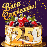 Un GIF animato di una bellissima torta per il 25° compleanno con glassa dorata e frutti di bosco freschi, Il numero dorato 25 è davanti, e stelle cadono su uno sfondo viola scuro.