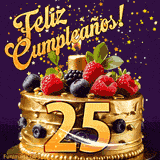 Una animación de celebración de una tarta para el 25º cumpleaños, Estrellas doradas caen del cielo, destacando el texto '¡Feliz Cumpleaños!' y el número dorado 25 en la tarta.