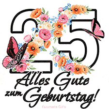Ein florales GIF zum 25. Geburtstag. Die Zahl '25' ist von animierten Blumen und Schmetterlingen umgeben und bietet eine schöne und fröhliche Art, den Meilenstein zu feiern.