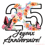 Ce GIF de Joyeux 25ème Anniversaire présente le nombre vingt rempli d'un bouquet vibrant de fleurs animées, avec des papillons qui bougent doucement sur un fond blanc.