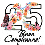 Questo GIF di Buon 25° Compleanno mostra il numero venti riempito con un vibrante bouquet di fiori animati, con farfalle che si muovono dolcemente su uno sfondo bianco.