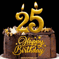 25 Birthday Chocolate Cake with Gold Glitter Number 25 Candles (GIF)