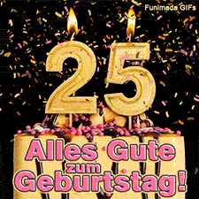 Festliche Torte mit rosa Dekoration und einer brennenden goldenen 25 als Zahlenkerze. Glanzvolles Konfetti rieselt herab. Text: Alles Gute zum Geburtstag!