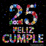 Composición visual del número 25 y la frase FELIZ CUMPLE formados mediante cristales de tonos vibrantes sobre fondo negro con puntos de luz.