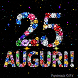 Il numero 25 e la scritta Auguri formati da gemme colorate e scintillanti su uno sfondo nero animato da piccole stelle luminose.