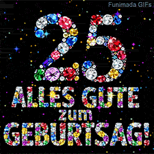 Farbige, glitzernde Steine formen die Ziffer 25 und den Text Alles Gute zum Geburtstag auf einem schwarzen, von Lichtpunkten erfüllten Hintergrund.