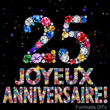 Le chiffre 25 et les mots Joyeux Anniversaire formés de diamants colorés étincelants sur fond noir avec de petites étoiles scintillantes animées.