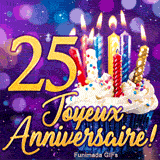 GIF quart de siècle 25 ans : un gâteau d'anniversaire avec bougies brillantes et le chiffre 25 en or sur fond violet.
