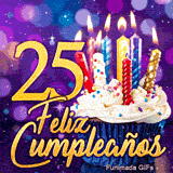 GIF de 25 años cuarto de siglo: una tarta de cumpleaños con velas brillantes y el número 25 en oro sobre fondo morado.