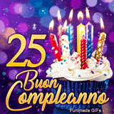 GIF per i 25 anni quarto di secolo: una torta di compleanno con candele brillanti e il numero 25 in oro su sfondo viola.