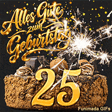 Die Ziffer 25 auf einer Torte, über der Alles Gute zum Geburtstag steht. Eine brennende Wunderkerze und goldene Sternchen sorgen für Festlichkeit.