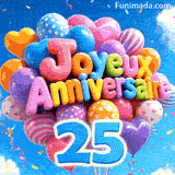 Le chiffre bleu 25 est suspendu sous un grand bouquet de ballons flottants. Le texte en relief 3D forme Joyeux Anniversaire devant les nuages.