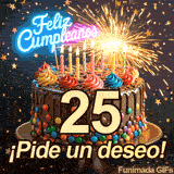 Pastel festivo con la cifra 25 destacada. Chispas brillantes y confeti estrellado decoran la escena junto a las palabras ¡Pide un deseo!.