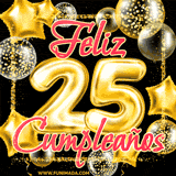 Animación de un GIF con el número 25 en dorado, rodeado de estrellas, burbujas brillantes y la frase 'Feliz cumpleaños' en letras modernas y festivas.