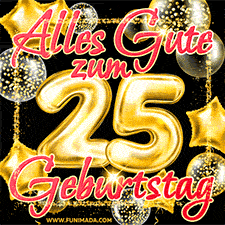 Glänzende goldene Ballons und ein quadratischer Glitzerrahmen: Animiertes GIF zum 25. Geburtstag mit der großen goldenen Zahl 25