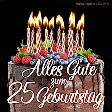 Das Geburtstags-GIF zeigt einen Schokoladenkuchen mit Beeren und Kerzen zur Feier eines 25. Geburtstags.