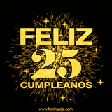 GIF animado con un diseño dorado, mostrando el número 25 rodeado de fuegos artificiales y luces que resaltan una atmósfera festiva y vibrante.