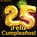 ¡Muy felices 25 años! GIF de texto dorado y fuegos artificiales.