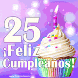 Animación de un cupcake con cobertura blanca, confites de colores, una vela encendida y el número 25 en grande sobre un fondo púrpura con luces brillantes.