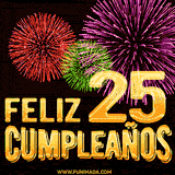GIF animado con el número 25 en dorado, rodeado de fuegos artificiales rojos, verdes y morados, con el mensaje 'Feliz cumpleaños' en letras doradas.