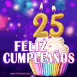 GIF animado de un cupcake decorado con confites, dos velas doradas encendidas formando el número 25, sobre un fondo púrpura brillante con destellos.