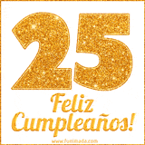 Imagen animada con el número 25 en diseño dorado brillante acompañado de la frase 'Feliz cumpleaños' sobre un fondo blanco simple y elegante.