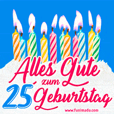 Ein buntes Geburtstags-GIF mit strahlenden Kerzen auf einer festlichen Torte zur Feier des 25.