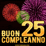 Animazione di fuochi d'artificio colorati con il numero 25 in oro brillante e la scritta 'Buon Compleanno' su uno sfondo nero festivo ed elegante.
