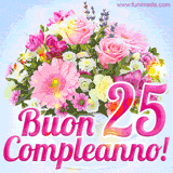 Bouquet animato con rose rosa, margherite e altri fiori colorati, con il numero 25 e la scritta 'Buon Compleanno!' in stile elegante e luminoso.