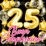 Animazione con palloncini dorati a forma del numero 25, circondati da decorazioni scintillanti e la scritta 'Buon Compleanno!' in caratteri rosa accattivanti.