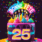 GIF animé pour un 25e anniversaire avec un gâteau au chocolat recouvert de glaçage arc-en-ciel, des bougies allumées, et le texte 'Bonne Fête' sur un fond étoilé et festif.