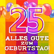 Große Zahl 35 in Umrissschrift, die Worte 'Alles Gute zum 25. Geburtstag', mehrfarbige animierte Ballons und lebendiger Hintergrund.