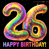 Shiny number 26 birthday celebration balloons with an iridescent glow and glitter on a black background with twinkling stars.