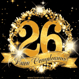 Il numero 26 è circondato da un anello dorato brillante, accompagnato da un nastro elegante con la scritta 'Buon Compleanno!' su uno sfondo scuro.