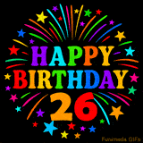 A birthday cake with lit candles is shown with colorful balloons and animated confetti.