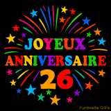 GIF animé 'Joyeux Anniversaire 26' avec des lettres colorées et des feux d'artifice éclatants