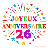 GIF animé joyeux anniversaire 26 ans avec étoiles multicolores et feu d’artifice