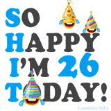 A fun birthday animation celebrating turning 26 with colorful party hats, smiling faces, and cheerful emojis.