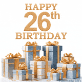 Festive animated eCard with elegant 'Happy 26th Birthday' text above a pile of luxurious blue, white, and gold gift boxes and presents.