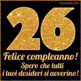 Un GIF animato per un 26° compleanno, Presenta il testo 'Buon Compleanno 26' su uno sfondo giallo vivo con palloncini colorati, festoni e una pioggia di coriandoli.